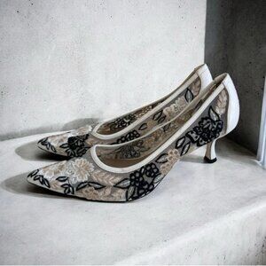 Donald J. Pliner White Black Floral Embroidered Pointed-Toe Mesh Kitten Heels